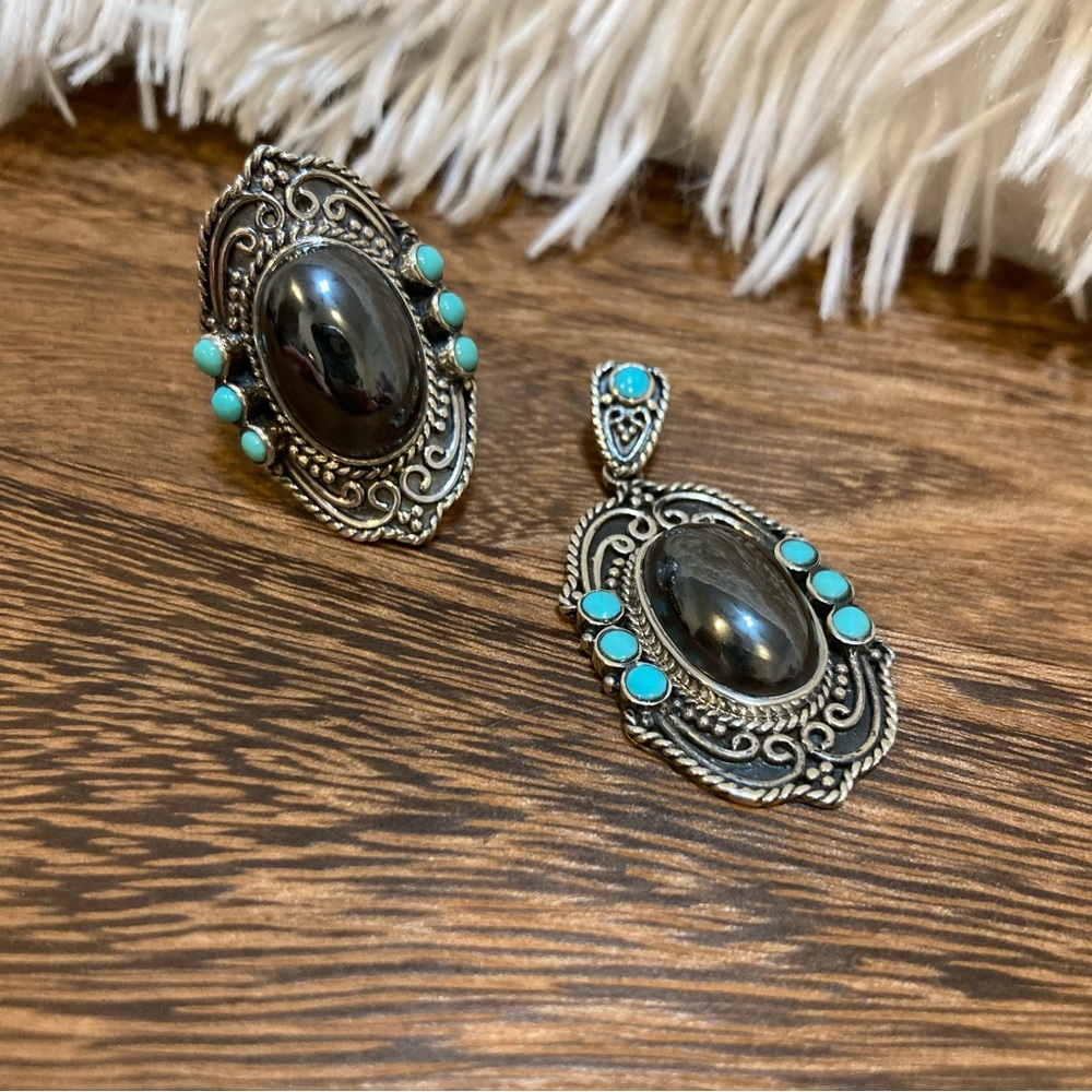 Set Turquoise and Hematine Statement Ring and Pendant Sterling Silver - Picture 8 of 15